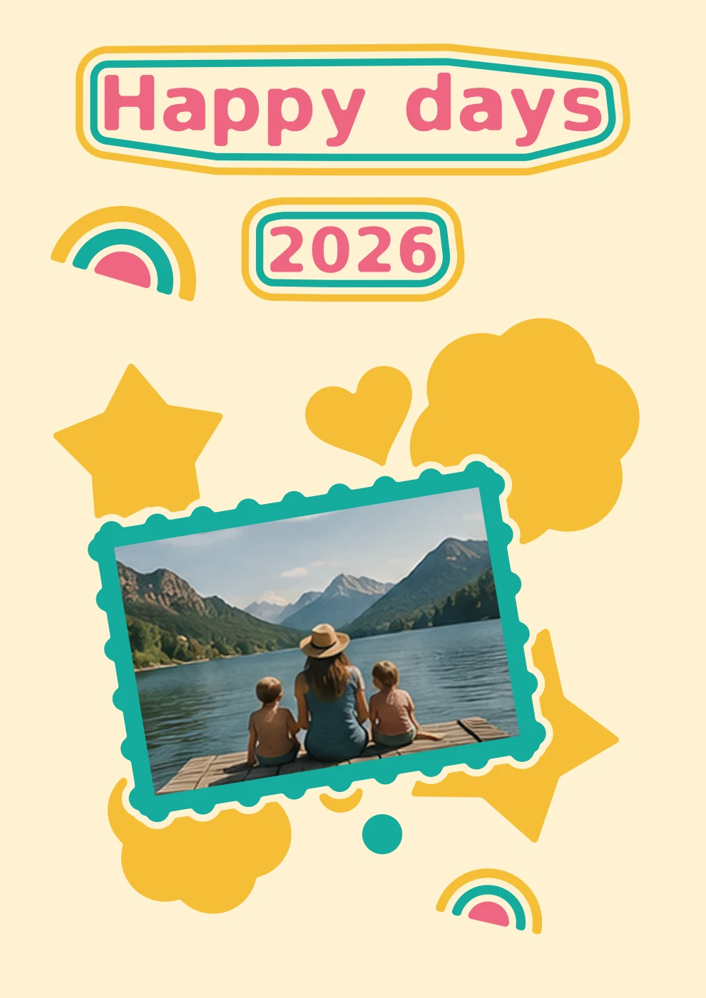 Happy days collage: colourful rounded lettering and flowers around a photograph by the lake